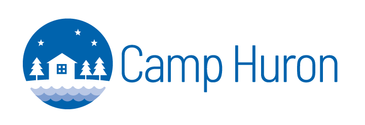 Camp Huron logo - circle containing three layers of waves in front of a cabin, three pine trees and three stars in the sky